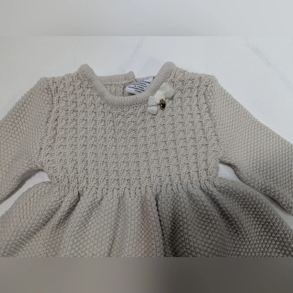 Cupcakes & Cashmere Baby Girl's Beige Knit Sweater Dress Pom Pom Trim, 3-6 Month